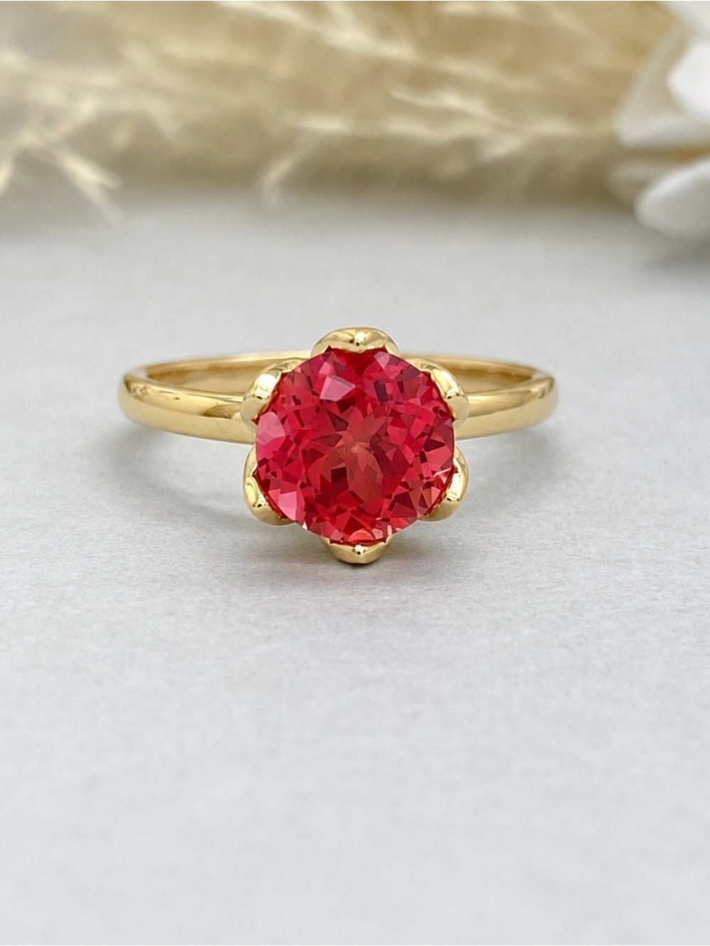 Yellow Gold Round Red Fire Lotus Sapphire Sterling Silver Tulip Solitaire Ring